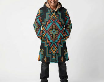Chaqueta larga de polar con botones de cuerno para hombre, estilo tribal azteca, de los nativos americanos