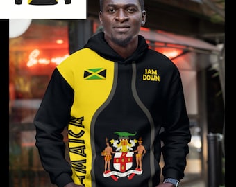 Jamaica Flag Sports Pullover Coat of Arms Black Hoodie