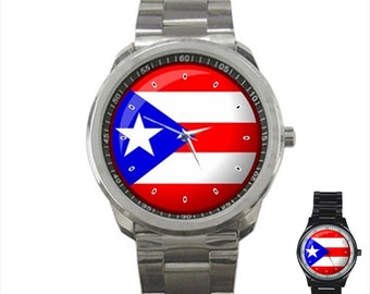 Puerto Rico Flag Stainless Steel Silver or Black Metal Mens Photo Watch