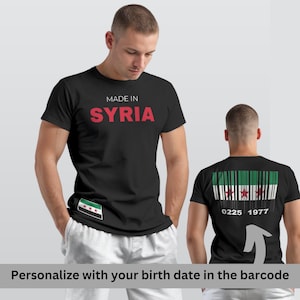 Syrien streckkod T-shirt personlig, anpassad födelsedatum flagga T-shirt, syrisk pride-tröja, Damaskus kulturarv gåva, arabisk kultur, Damaskus kulturarv