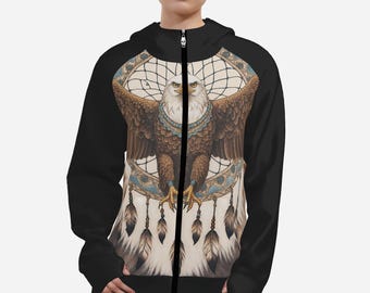 May include: Black zip-up hoodie featuring a detailed illustration of an eagle with outstretched wings, set against a dreamcatcher design. The eagle is brown and white with blue and turquoise accents. The hoodie has a hood and a full-length zipper.