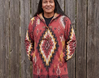 Abrigo largo de polar azteca con botones de cuerno para hombre, estilo tribal, nativo, indio, rojo, regalo para padre