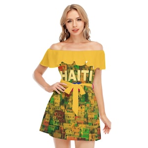 Haiti Beautiful Hillside Flag Yellow Women&#39;s Off-shoulder Dress