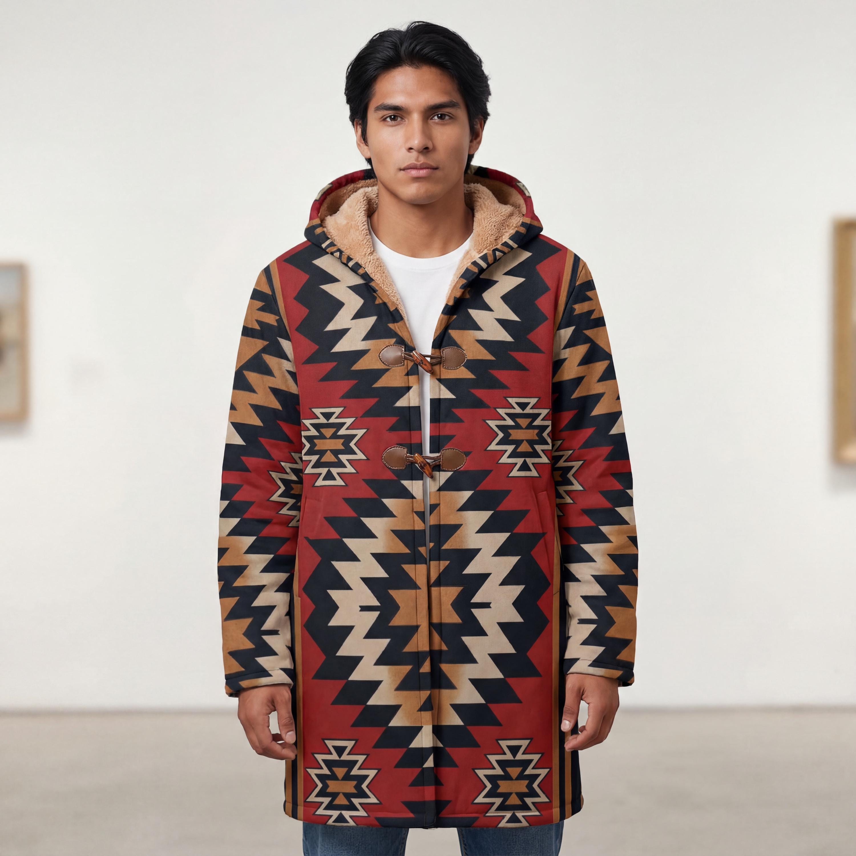 Native Indian American Aztec Design Coat Geometric Lines Men's Horn ...