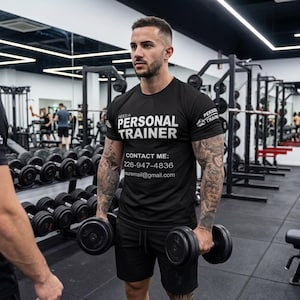 Pode incluir: Uma camiseta preta com o texto "NEED A PERSONAL TRAINER" em branco. A camiseta também tem informações de contato. Uma pessoa está segurando dois halteres pretos em uma academia.