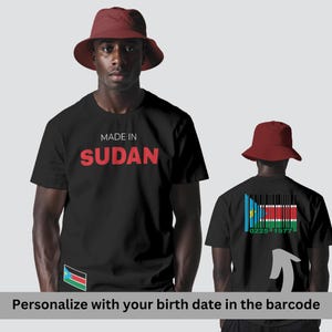 Sydsudans streckkods-T-shirt personlig, anpassad födelsedatumsflagga-T-shirt, sudanesisk pride-T-shirt, Juba-present