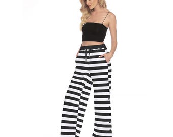 Striped Side Slit Snap Button Unique Girls Trousers Casual Pants. Great Sports Gift. Colors Available Red Black White Green Pink Baby Blue