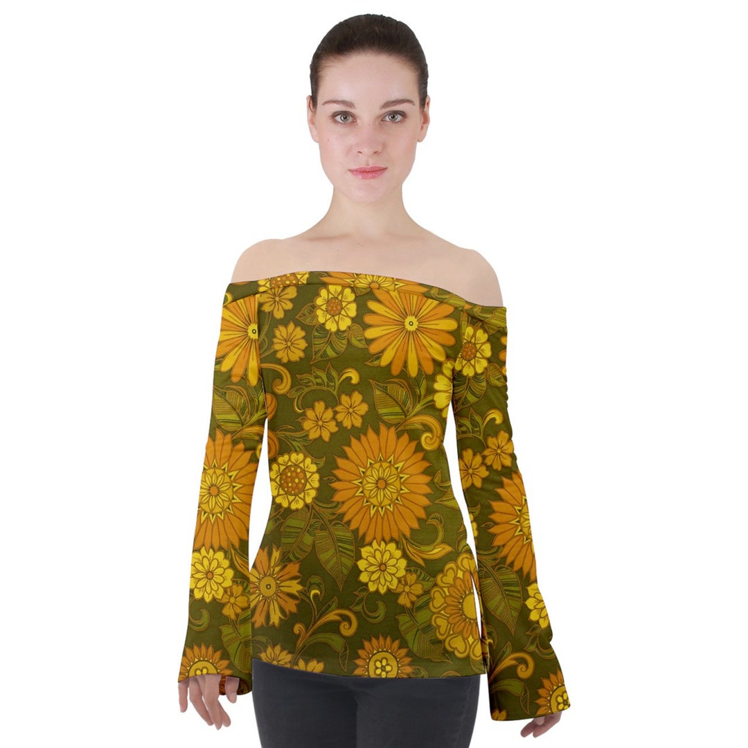 Hippie Retro Floral off Shoulder Long Sleeve 70s Top Etsy