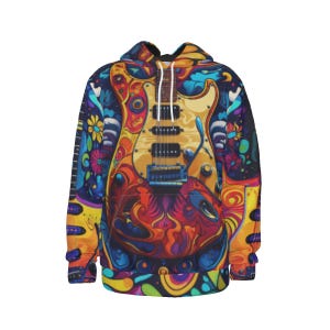 May include: A colorful hoodie featuring a psychedelic guitar design. The guitar is depicted in shades of yellow, orange, and red, with a blue fretboard and black strings. The background is filled with swirling patterns and floral elements in various colors.