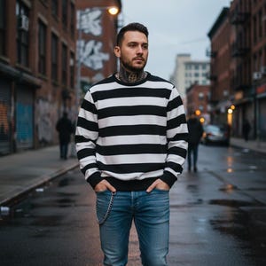 Può includere: Una felpa a maniche lunghe a righe bianche e nere e jeans blu. La felpa presenta spesse strisce orizzontali. La persona è in piedi su una strada bagnata con edifici sullo sfondo.
