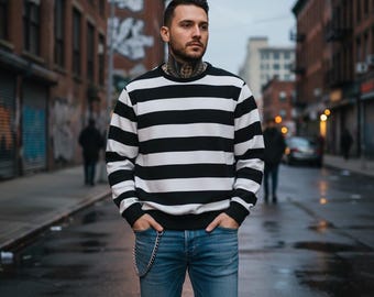 Sudadera de manga larga para hombre con rayas blancas y negras