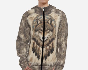 Wolf Dreamcatcher Native Indian Fur Feathers Print Women's Zip Up Long Hoodie Fleece Jacket