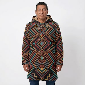 Aztec Native Indian Coat Geometric Lines Men's Horn Button Long Fleece Jacket