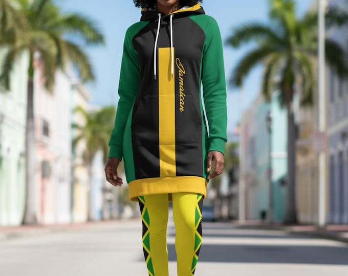 Jamaica Flag and Coat Of Arms Women's Cozy Pullover Hoodie With Raglan Sleeve. Great Gift Idea for Proud Jamaican Mother Daughter Grandma