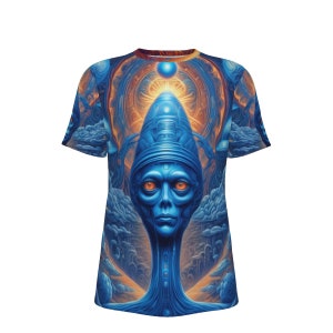 May include: A blue and orange psychedelic t-shirt featuring a detailed illustration of a blue alien head with orange eyes. The alien is surrounded by swirling patterns and clouds.