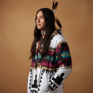Pode incluir: Uma jaqueta branca com capuz com um padrão geométrico de inspiração nativa americana em preto, bordô, verde-azulado e bege. A jaqueta tem um fecho de alternância e é usada por uma pessoa com cabelo comprido e escuro e penas.
