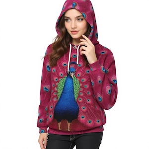 Peacock Bird Fuzzy Soft Fleece Färgglada Vingar Dam Fleecehuvtröja med Halv Dragkedja