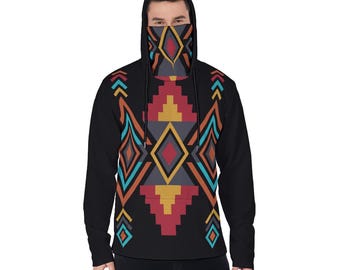 Modern Aztec Design Native Indian Men's Heavy Fleece Black Hoodie With Mask