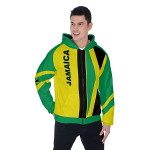 JAMAICA FLAG Men&#39;s Raglan Drawstring Zip Up Hoodie