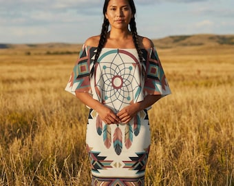 Dreamcatcher Native Indian Design Women's Aztec Art One-Shoulder Ruffle Curved Hem Dress-Milk Silk Material