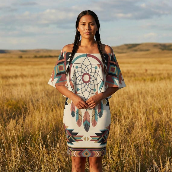 native dress design Dreamcatcher Native Indian Design Women's Aztec Art One-Shoulder Ruffle Curved Hem Dress-Milk Silk Material