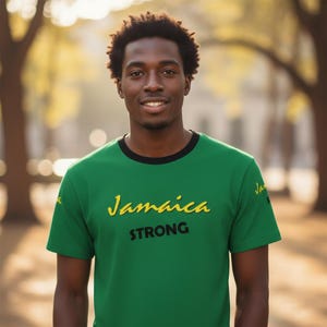 Könnte beinhalten: Grünes T-Shirt mit schwarzem Kragen und den Worten "Jamaica STRONG" in Gelb und Schwarz. Das T-Shirt hat kurze Ärmel und ein kleines Design auf dem linken Ärmel. Die Person lächelt.