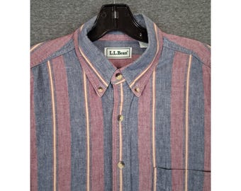 Camicia da uomo LL Bean taglia Large Tall LT a righe blu e rosse, vintage anni '90, prodotta in Canada V644