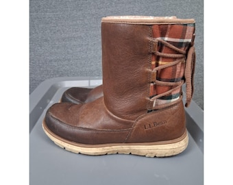 LL Bean Womens Boot 9 Brown Leather Shearling Sherpa Lined Muk Luk Plaid Lace Up