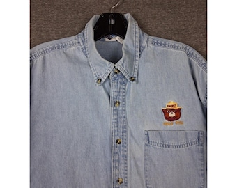 VTG Smoky Bear Mens M Button Up Ricamato VTG Chambray Denim Port Company