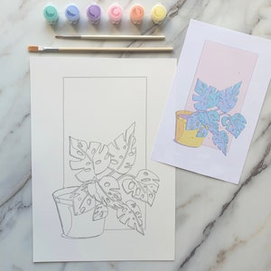 Paint by number kit - Monstera Plant - Happy Pastel Plants Painting Kit - DIY Art Kit   - Great lockdown gift