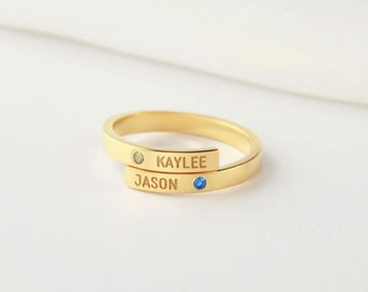 Custom Made Name Ring with Birth Stones, Mom and Daughter Gift, Sister Name Jewelry, Personalized Silver Ring with Names
