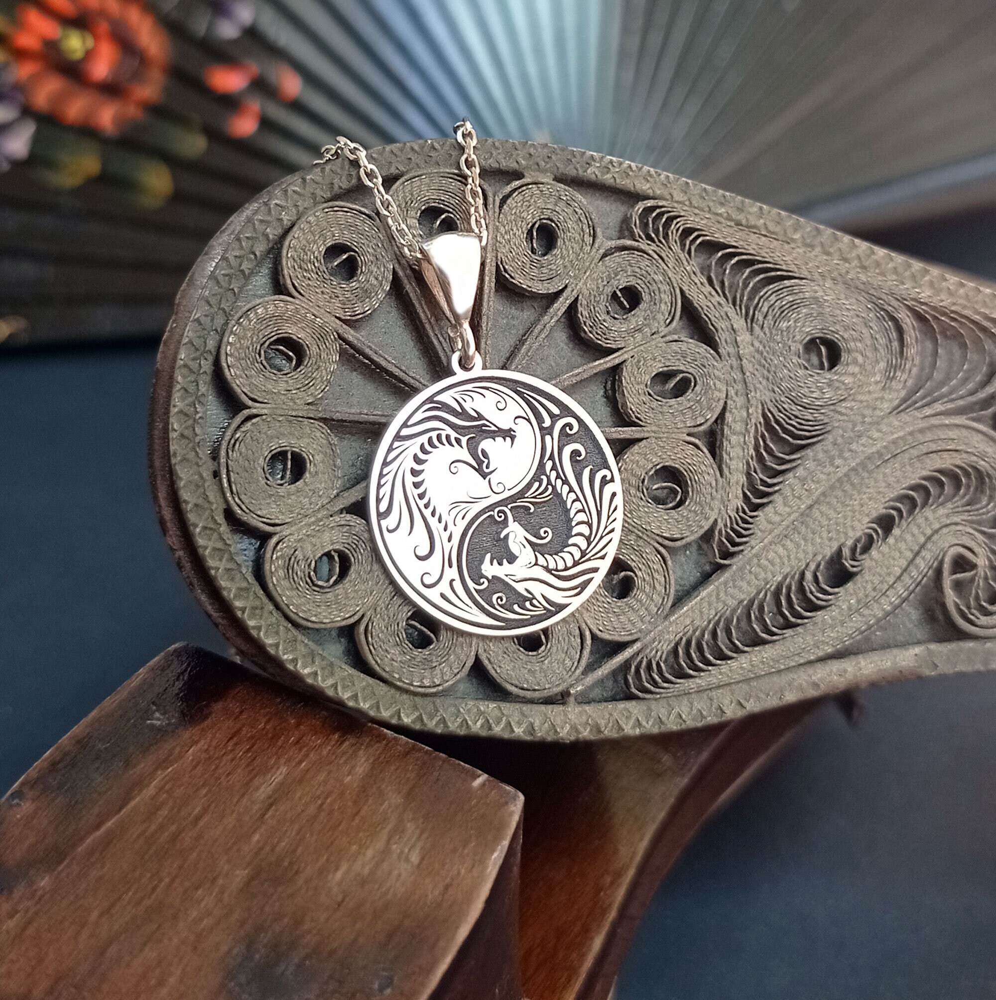 Personalized Silver Ying Yang Necklace, Custom Made Dragon Necklace, Handmade Double Dragon Medallion, Ying and Yang Buddhist Jewelry