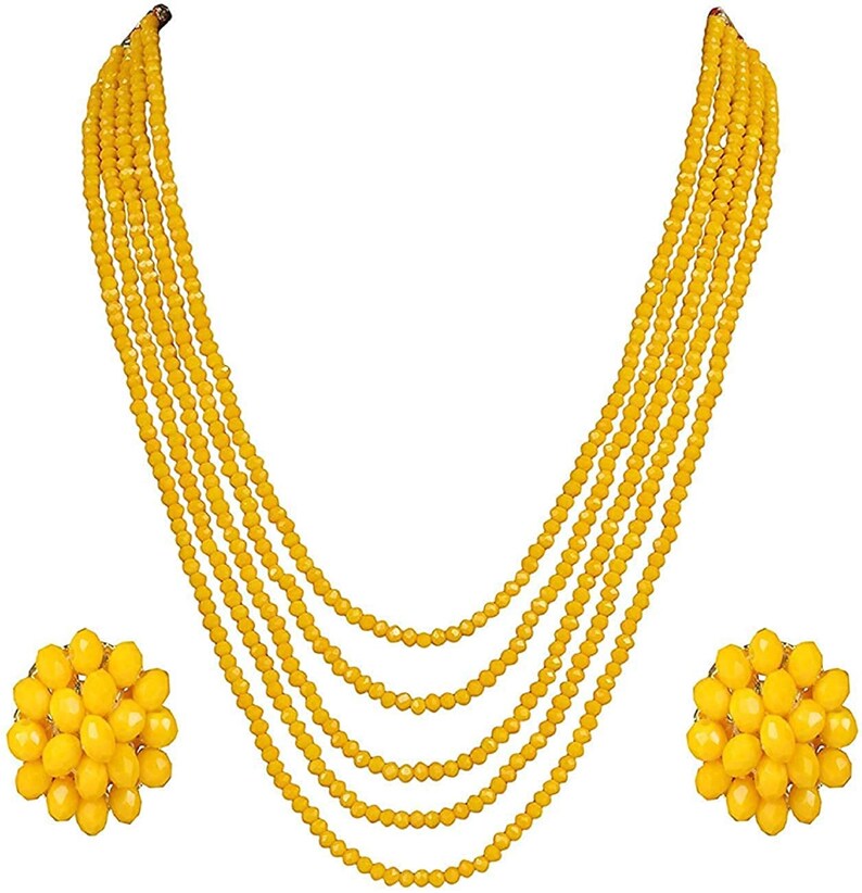 Yellow Crystal Stone Beads Necklace with Stud Earring For Women and Girl stylish Traditional Beaded Necklace Set Yellow Mala Fashion