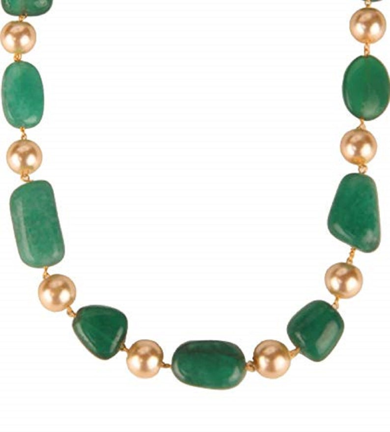 Emerald Green Tourmaline Tumble with Yellow Pearl Gemstone Fancy Beaded Mala Stylish Chain Necklace for Girl and Women