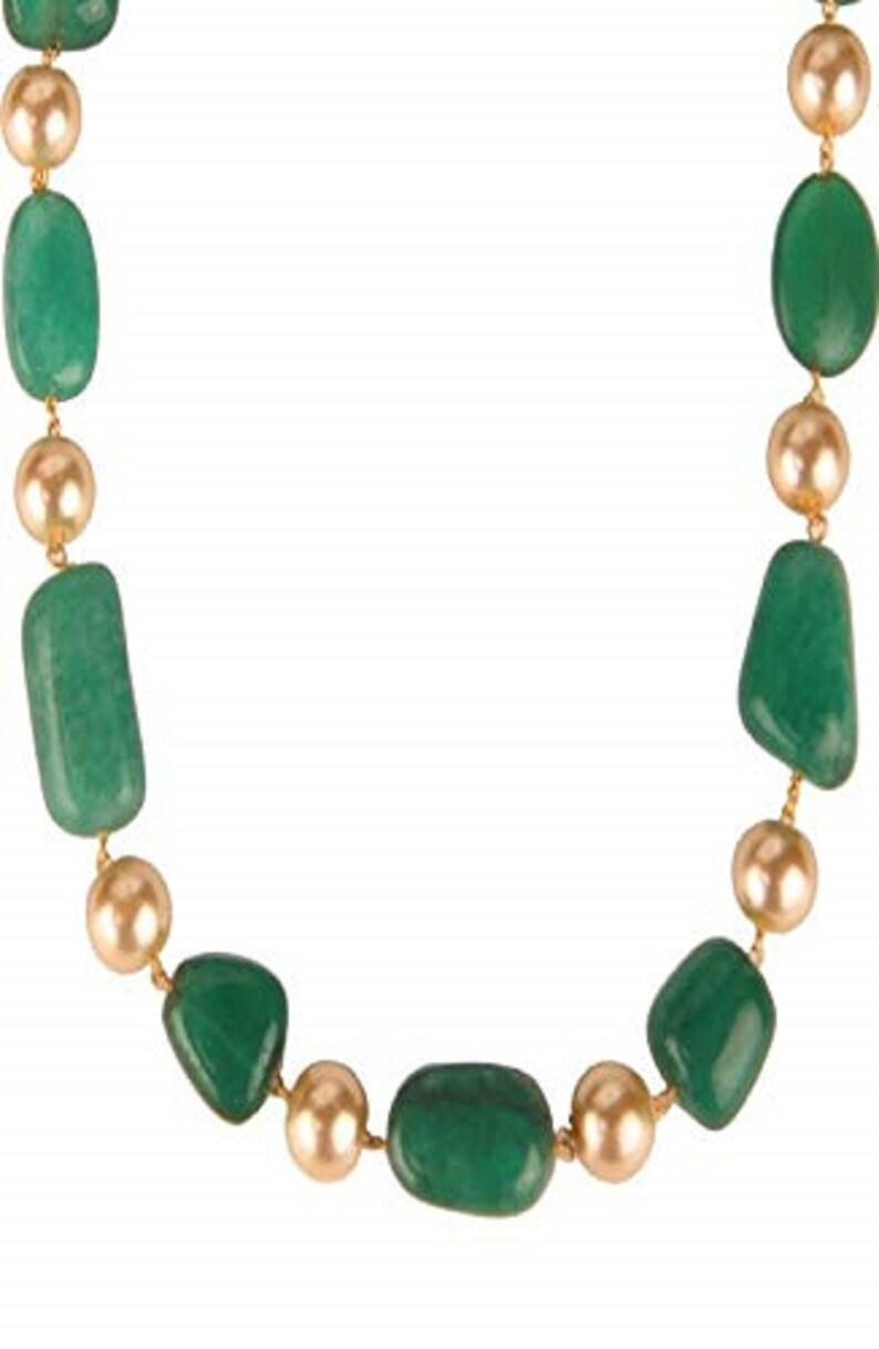 Emerald Green Tourmaline Tumble with Yellow Pearl Gemstone Fancy Beaded Mala Stylish Chain Necklace for Girl and Women