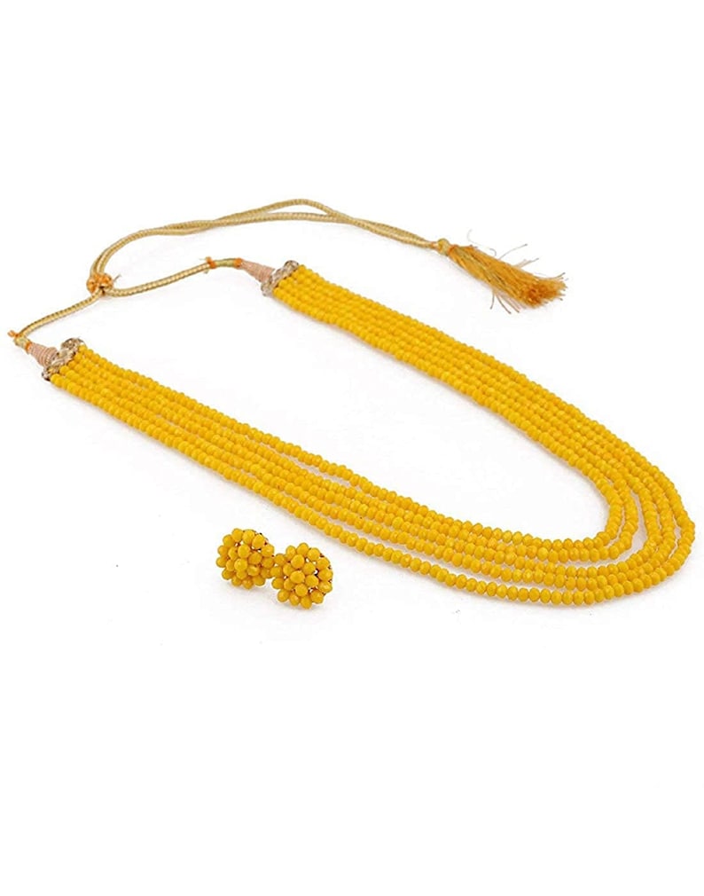 Yellow Crystal Stone Beads Necklace with Stud Earring For Women and Girl stylish Traditional Beaded Necklace Set Yellow Mala Fashion