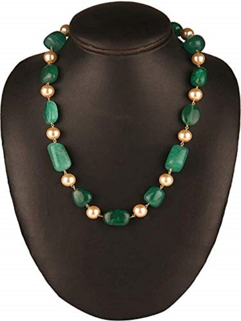 Emerald Green Tourmaline Tumble with Yellow Pearl Gemstone Fancy Beaded Mala Stylish Chain Necklace for Girl and Women