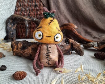 Halloween gift toy. Amigurumi crochet soft toys. Toy food, knitted fruits. Pear zombie monster, doll zombie worm.