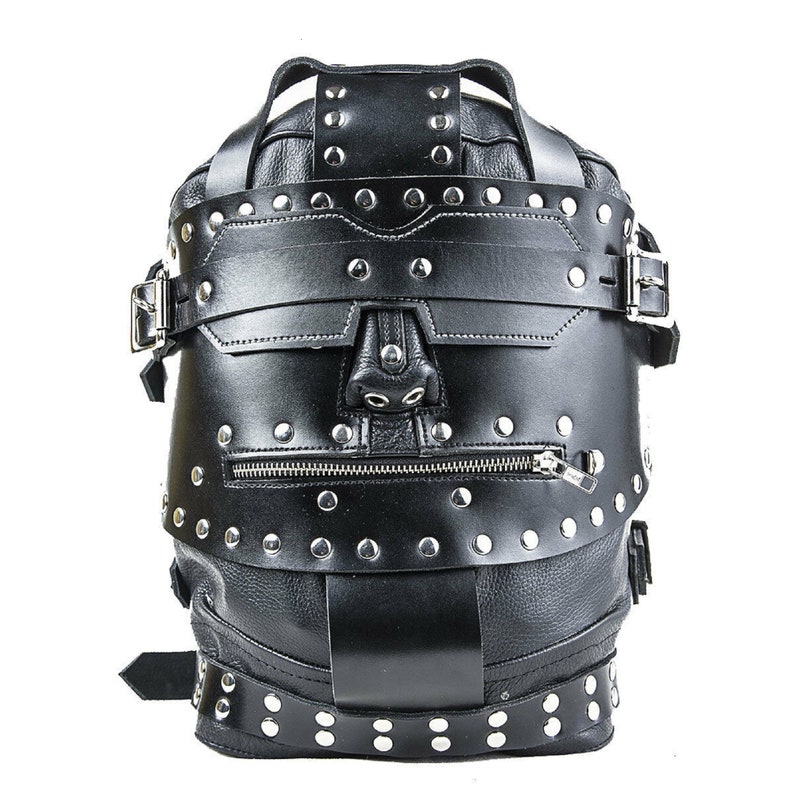 Handmade Bondage Hood Real Black Leather Gimp Mask with Blindfold and Locking Mouth Zip 