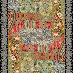 May include: A rectangular textile featuring a complex patchwork design of paisley motifs, floral arrangements, and geometric patterns in shades of red, green, gold, and blue. The fabric is framed by a black border with a white intricate scrollwork.