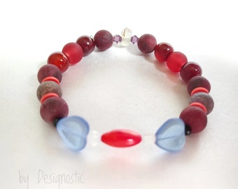 THE RED'S--Courage, strength gemstone calming bracelet,Jasper,agate,glass beaded unique piece adorned with crystals and lovely hearts.