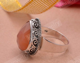 Handmade Peach Moonstone Ring, Ornate Sterling Silver Setting