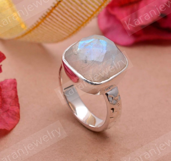 アクセサリー Rainbow Moon Stone square ring Square Rainbow Moonstone Ring, Sterling Silver, June Birthstone - Etsy