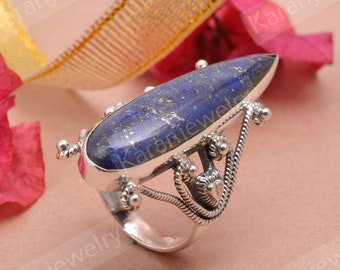 Antique Lapis Lazuli Sterling Silver Ring, Boho Big Stone