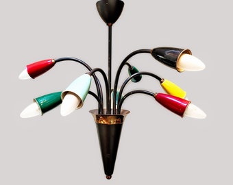 Stilnovo multi-color 8 arm brass chandelier - 1950's - Italy