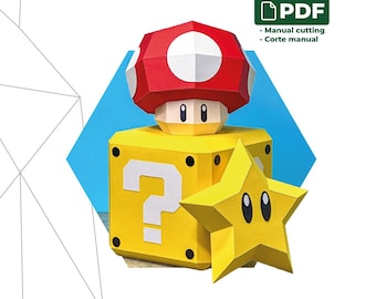 Super Mario Papercraft 3D PDF Pattern & Template – Star Mushroom Question Block | Low Poly DIY Game Decor