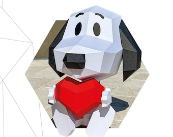 Snoopy Papercraft 3D – PDF Valentine Low Poly Template | DIY Love Decor | Heart Paper Sculpture | Pepakura Model