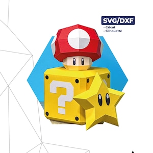 Super Mario Bastelvorlage (SVG/DXF) – Sternpilz-Fragezeichenblock | Low-Poly-Dekoration für Cricut-Spiele
