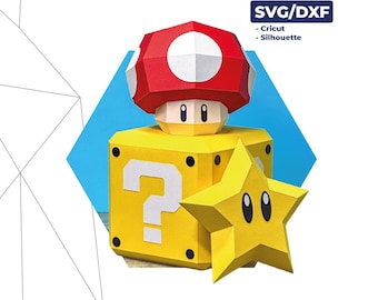 Super Mario Papercraft SVG DXF Pattern & Template – Star Mushroom Question Block | Low Poly Cricut Game Decor