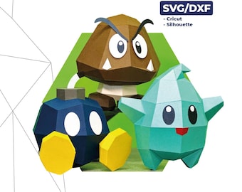 Characters Mario Papercraft SVG DXF Pattern & Template – Bob-omb Goomba Luma | Low Poly Cricut Game Decor | Paper Model